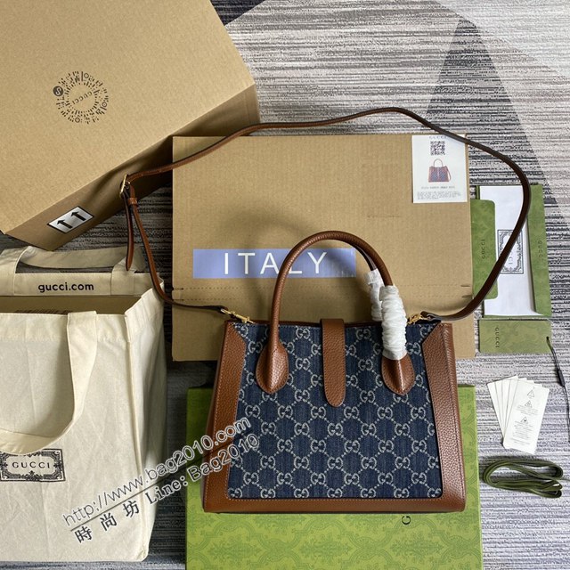 Gucci2021新顏色女包 古馳Jackie1961系列交織字母元素托特包 Gucci牛仔布手提肩背包 649016  ydg3187